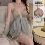 Guiruo Sexy Pure Desire Mesh Pajamas with Chest Pads Gathered Strap Sleeping Skirt Outer Robe Women's Home Furnishing Set P3772