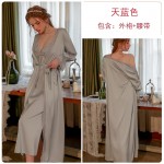 Guiruo Spring/Summer Sexy Long Ice Silk Pajamas with Chest Pads, Hanging Pajama Skirt, Outer Robe, Women's Home Furnishing Set J2970