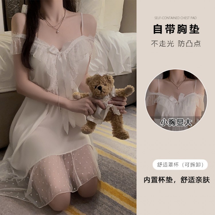 Guiruo Sexy Open Back Ice Silk and Chest Cushion Gather Large Size Pajamas with Waist Strap Pajama Dress Home Suit Set 2535