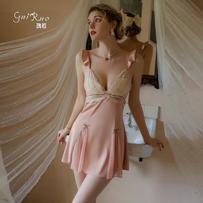 Guiruo Sexy Backless and Chest Cushion Gather Ice Silk Sweet Pajamas Lace Cuffs Outer Robe Home Suit Set 2387