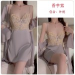 Guiruo Satin Lace Steel Ring Gathering Sexy Backless Quick Buckle Suspender Sleeping Dress Outrobe Home Set 1701