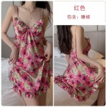 Guiruo Sexy Deep V Plus Chest Cushion Open Back Seduction High Split Printed Satin Sling Home Sleeping Dress Set 3762