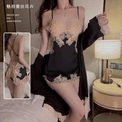 Guiruo Brand Satin Lace Deep V Cross Strap Hollow out Temptation Nightwear Simple Outrobe Women's Home Set 966