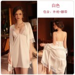 Guiruo Brand European Beauty Sexy Deep V Satin Patch Lace Hanging Dress Lace up Nightgown Home Suit Set 245