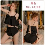 Guiruo Republic of China style retro buckle hollowed out lace up top with side straps seductive shorts for women two piece set 3383