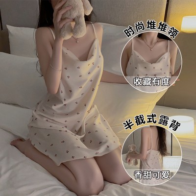 Guiruo Brand Sweet Printed Satin Stacked Collar Sexy Open Back Simple Fit Women's Home Sleeping Dress Set 3321