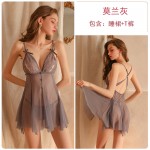 Guiruo Fun Lingerie Sexy Lace Perspective Attractive Sweet Sleepwear Dew Breast Drop Dress Home Suit Set 1639