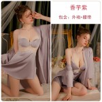 Guiruo Sexy Backless Deep V with Breast Pads Satin Contrast Lace Perspective Temptation Sleeping Skirt Outer Robe Home Suit 3554