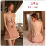 Guiruo Brand Backless Sexy Deep V Lace Perspective Sexy Sling Sleeping Dress Women's Homewear Set 2085