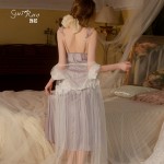 Guiruo Sexy Transparent Yarn Low Chest Gathering with Chest Cushion Open Back Satin Pure Desire Sleeping Dress Outer Robe Home Suit Set 3382