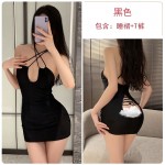 Guiruo Fun Lingerie Sexy Cross Lace Up Open Back Free Hanging Neck Nightgown Passionate Secretary Uniform Set 3081