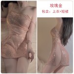 Guiruo Fun Underwear Sexy Sequin Mesh Belly Pocket Lace up Temptation Hip length Split Short Skirt Uniform Set 3679