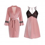 Guiruo Sexy Backless Seduction Velvet Pajama Chest Cushion Gathering Sling Sleeping Dress Outer Robe Home Fur Set Q2838