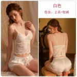 Guiruo Sexy Open Waist Temptation Pajamas Solid Lace Pajamas Strap Shorts Outer Robe Home Suit Set 19079