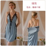 Guiruosi Smooth Satin Sexy Deep V Lace Lace Lace Waist High Split Sleeping Skirt Outer Robe Home Suit Set 19151