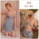 Guiruo Brand Sexy French Deep V Open Back Mesh Suspended Sleeping Dress Lace up Outer Robe Women's Homewear Set 1984