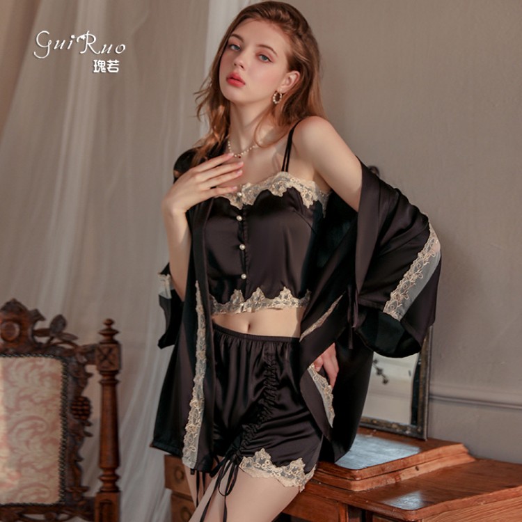 Guiruo Spring/Summer Sexy Lace Suspender Shorts Two Piece Set Lace up Cardigan Women's Home Furnishing Set Sent on behalf of 1481