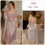 Guiruo Sexy Transparent Yarn Low Chest Gathering with Chest Cushion Open Back Satin Pure Desire Sleeping Dress Outer Robe Home Suit Set 3382