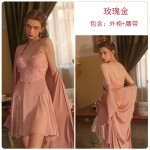 Guiruo Sexy Lace Steel Ring Gathering and Chest Cushion Pajama Outer Robe Open Back Suspended Sleeping Dress Home Suit Set 2668