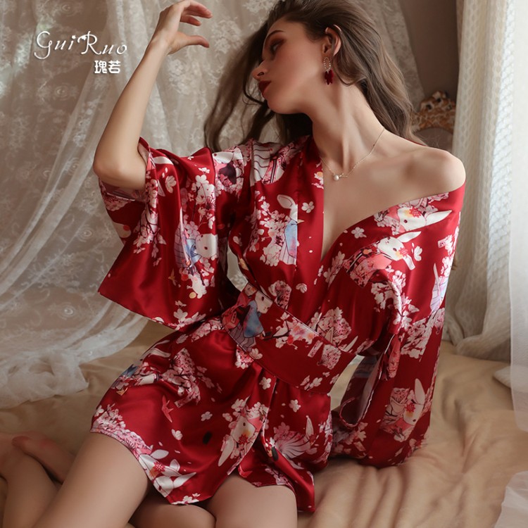 Guiruo Spring/Summer Fun Lingerie Sexy Dew Breast Temptation Cardigan Waist Shrinking Kimono Printed Uniform Set 1597