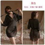 Guiruo Brand European and American Spring and Summer Sexy Deep V Chiffon Perspective Temptation Sleepwear Lace up Shirt Home Suit Set 243