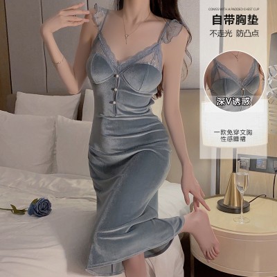 Guiruo Sexy Deep V Lace Perspective Sweet Flying Sleeves with Breast Pads Female Velvet Slim Fit Home Sleeping Dress 3863