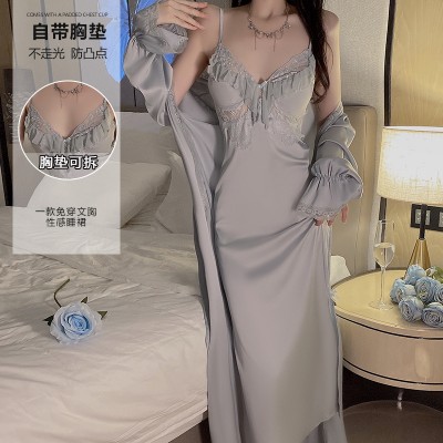 Guiruo Satin Lace and Chest Cushion Combination Sexy Backless Pure Desire Split Sleeping Dress Outer Robe Home Set J2970