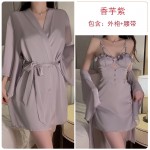 Rose like satin surface with chest pad and ear edge, sweet and seductive lace patchwork nightgown, outer robe, home suit set P3143