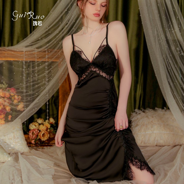 Guiruo brand sexy pleated slimming pajamas with open back ice silk suspender dress and chest pad home suit J3122