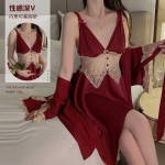 Guiruo Satin Jacquard Lace Perspective Deep V with Chest Cushion Irregular Skirt, Nightwear, Outrobe, Home Set J2413