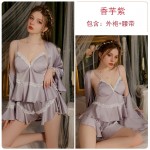 Guiruo Solid Satin Patched Lace V-Neck with Chest Cushion Suspender Shorts Outer Robe Women's Homewear Set 3555