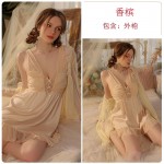 Guiruo Brand Sexy Deep V Satin Lace and Chest Cushion Suspended Sleeping Dress Women's Outrobe Home Suit Set 3211