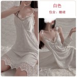 Guiruo Satin Embroidered Lace V-Neck Flying Sleeves Sexy Sleeping Dress Simple and Comfortable Outer Robe Women's Home Furnishing Set 1574