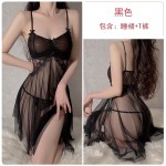 Guiruo Sexy Mesh Splice Lace Hollow Open Back Hot Perspective Temptation Women's Strap Fun Sleeping Dress 3298