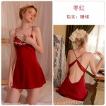 Guiruo Brand Sexy French Deep V Open Back Mesh Suspended Sleeping Dress Lace up Outer Robe Women's Homewear Set 1984