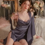 Guiruo Brand Sexy Deep V Lace Backless Solid Satin French Suspender Home Sleeping Dress Outrobe Set 2063