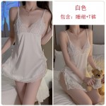 Guiruo Sexy Mesh Perspective Temptation Ice Silk Sling Sleeping Dress Simple Lace up Outer Robe Women's Home Fur Set 436