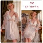 Ruo Ruo Satin Seduction Deep V Dew Breast and Chest Cushion Gathered Strap Sleeping Dress Comfortable Outer Robe Home Suit Set P2722