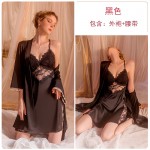 Guiruo Satin Perspective Lace Deep V with Chest Pads Sexy Open Back Suspended Sleeping Dress Outrobe Home Fur Set 2744