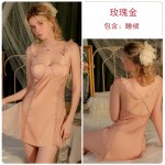 Guiruo Sexy Satin Lace Perspective and Chest Cushion Flying Sleeve Suspender Sleeping Dress Outer Robe Women's Home Furnishing Set 3614