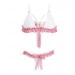 Guiruo Fun Lingerie Women's Sexy Pearl Small Breast Bed Checked Three Point Hot and Passionate Uniform Set 19052