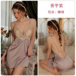 Guiruo satin patchwork embroidery lace deep V chest pad hollowed out gathering suspender nightgown outerwear home set P3169