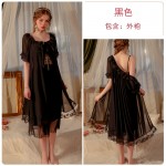 Guiruo Sexy Mesh Lace Splice Deep V with Chest Cushion Suspender Sleeping Dress Comfortable Outer Robe Home Suit Set 2983