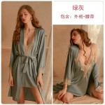 Guiruo Sexy Thin Silk Lace Cardigan Lace up Nightgown Bathrobe Suspended Nightgown Women's Home Suit Set 272