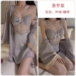 Guiruo Sexy Pajamas Solid Color Backless Temptation Chest Cushion Steel Ring Suspender Sleeping Dress Outer Robe Comfortable Home Set 2044