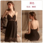 Guiruo Brand Sexy Deep V Perspective Attractive Sling Sleeping Dress Outer Robe Bed Solid Color Women's Home Furnishing Set 2099