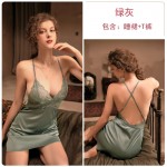 Guiruo Brand Pajamas New Sexy Deep V Spliced Lace Hanging Pajama Dress Lace up Outer Robe Home Suit Set 780