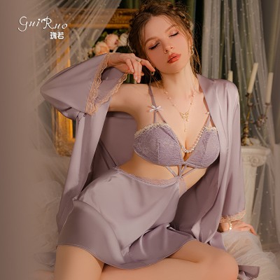 Ruo Ruo Sexy Satin Lace and Chest Cushion Gathered Hollow Out Slim Slim Slim Slim Slim Slim Slim Slim Slim Sleeping Dress Outer Robe Women's Home Set 3431