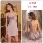 Guiruo Brand Sexy Deep V Lace Backless Solid Satin French Suspender Home Sleeping Dress Outrobe Set 2063