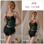 Guiruo Summer Sexy Ice Silk Splice Lace Suspender Top Shorts Outer Robe Women's Home Suit Set 19072